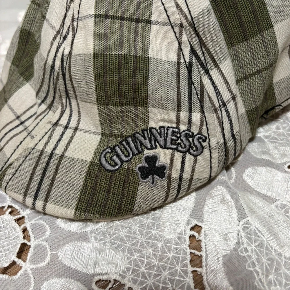 Y2K Guinness Green Plaid Flat Cap Cotton Ivy Driving Hat Shamrock Embroidered OS